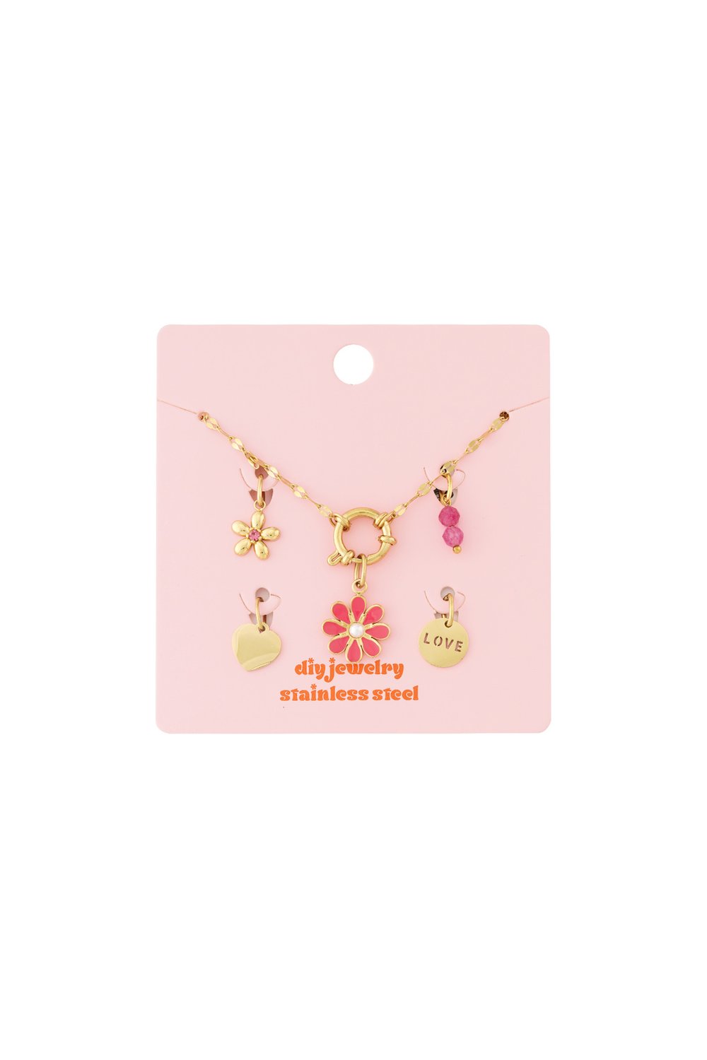 Gold-tone stainless steel DIY jewelry charm set featuring floral, heart, and "LOVE" charms with pink enamel accents.