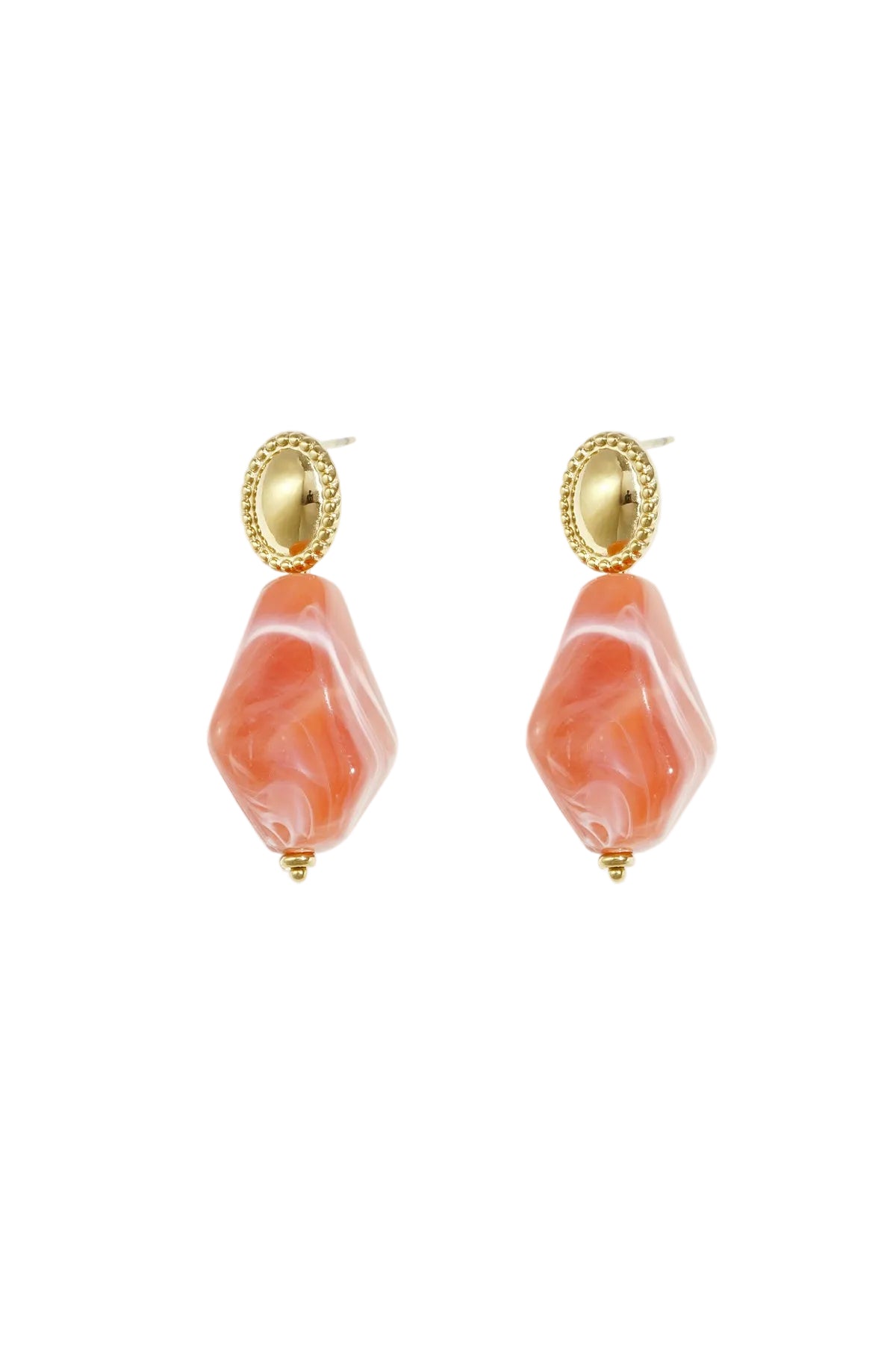 Pair of peach marbled acrylic drop earrings with gold-tone oval studs on a white background