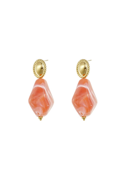 Pair of peach marbled acrylic drop earrings with gold-tone oval studs on a white background