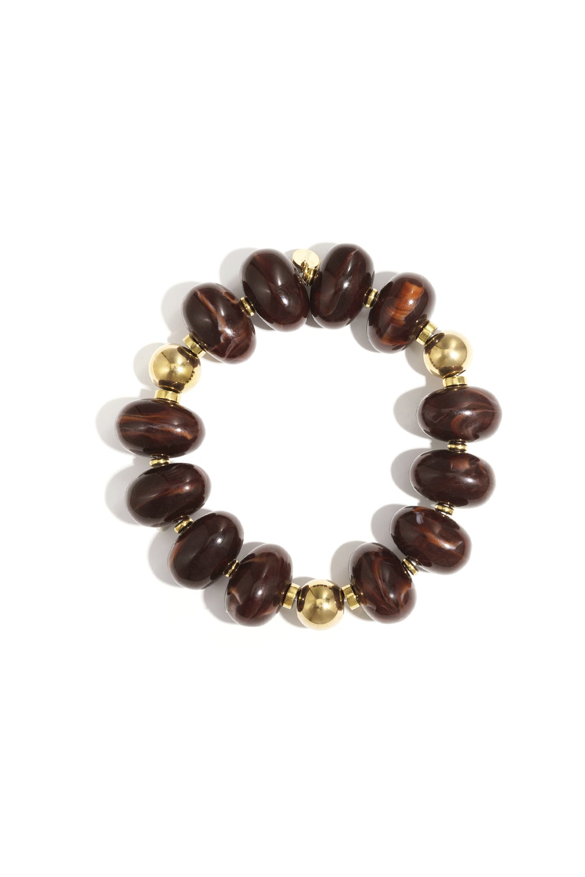 Dark brown marbled resin beaded bracelet with gold accents on white background