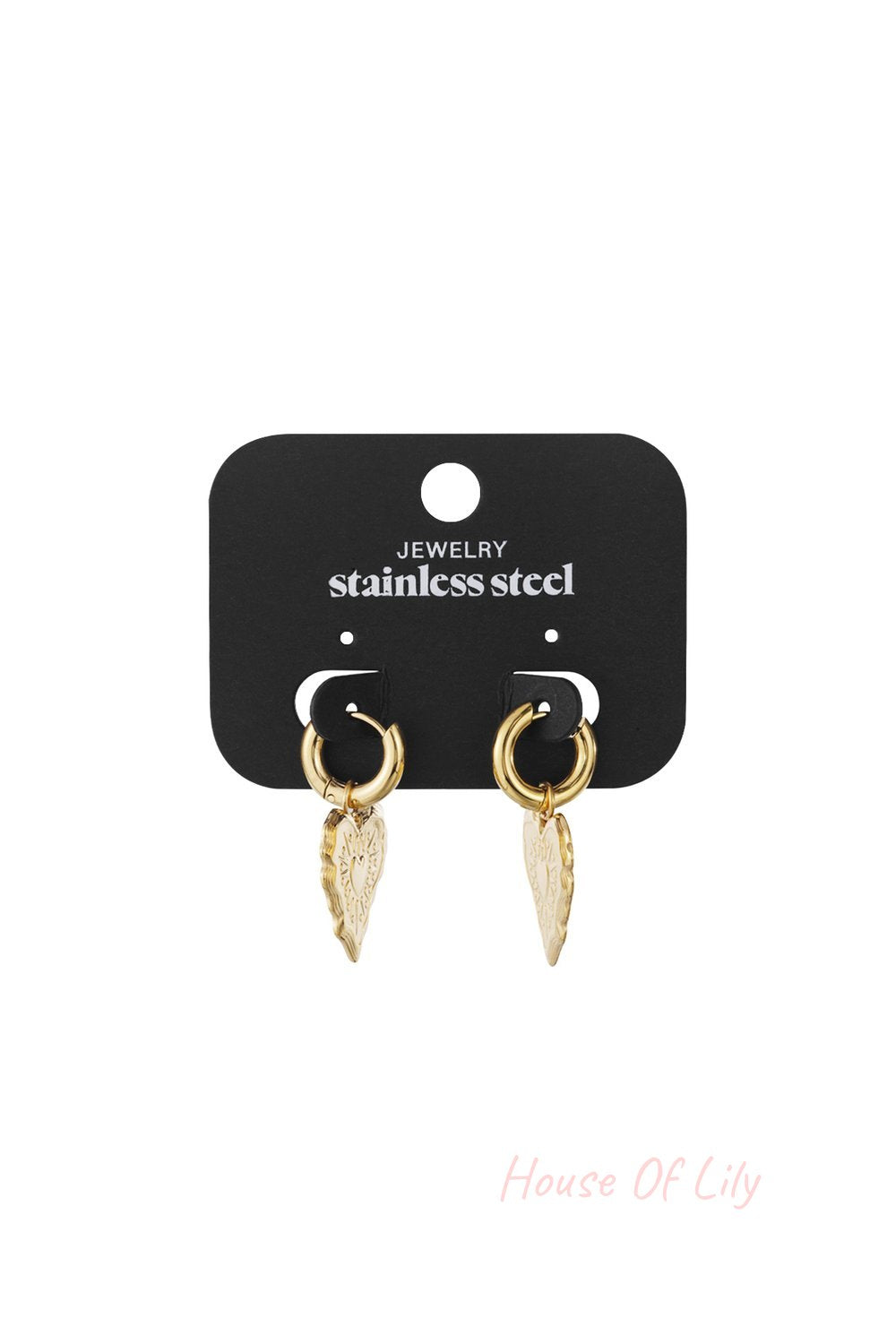 Gold stainless steel hoop earrings with engraved heart pendants on a display card.