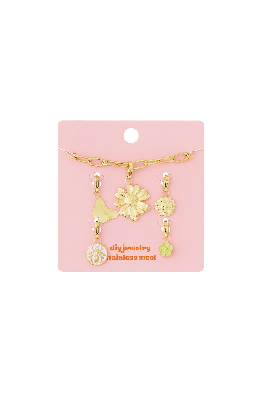 Gold stainless steel link bracelet on a pink card with floral, butterfly, and bee-themed charms.