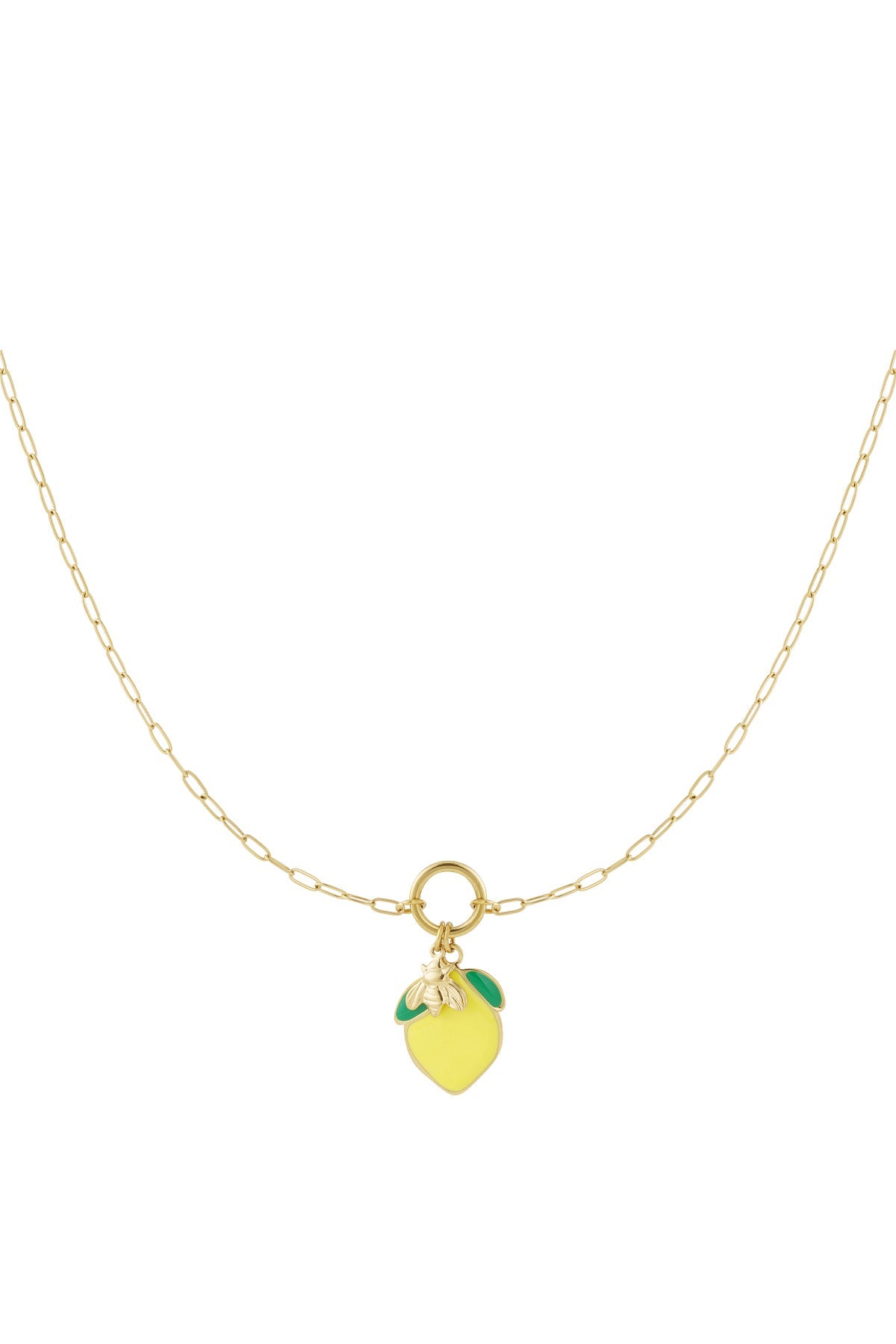 Gold chain necklace with a yellow lemon enamel pendant and small gold bee charm