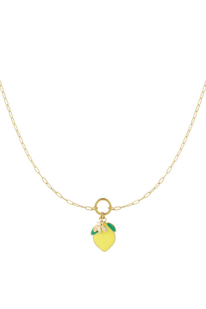 Gold chain necklace with a yellow lemon enamel pendant and small gold bee charm