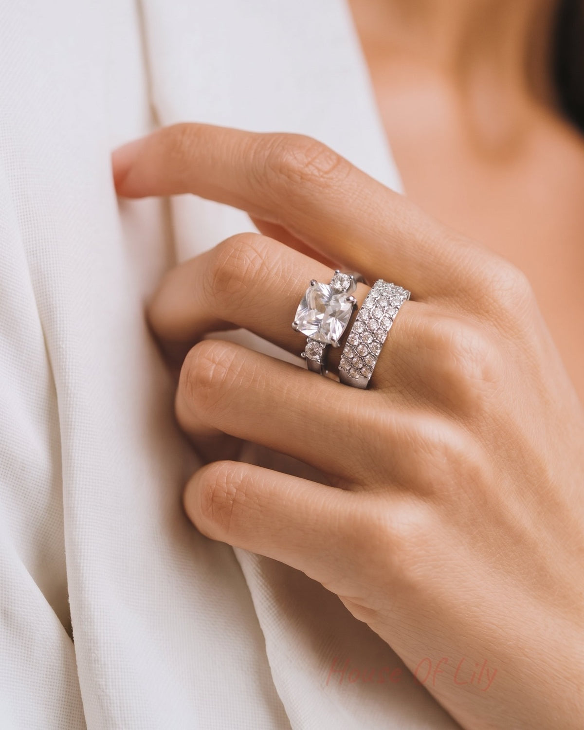 Rhinestone Circle Ring worn on a hand alongside a large square-cut stone ring.