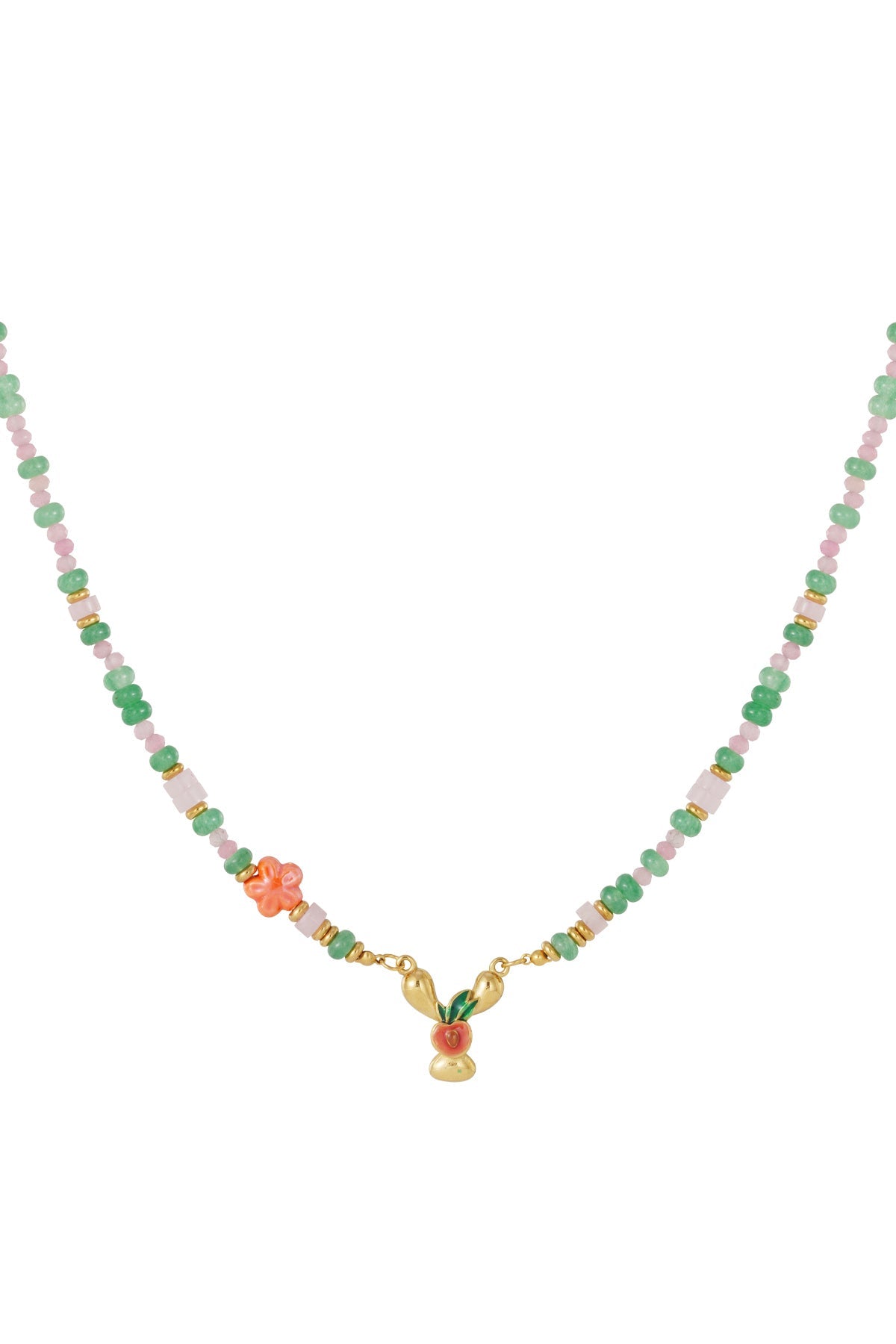 Beaded necklace with alternating green and pink beads, a small orange flower charm, and a central gold-tone letter Y.