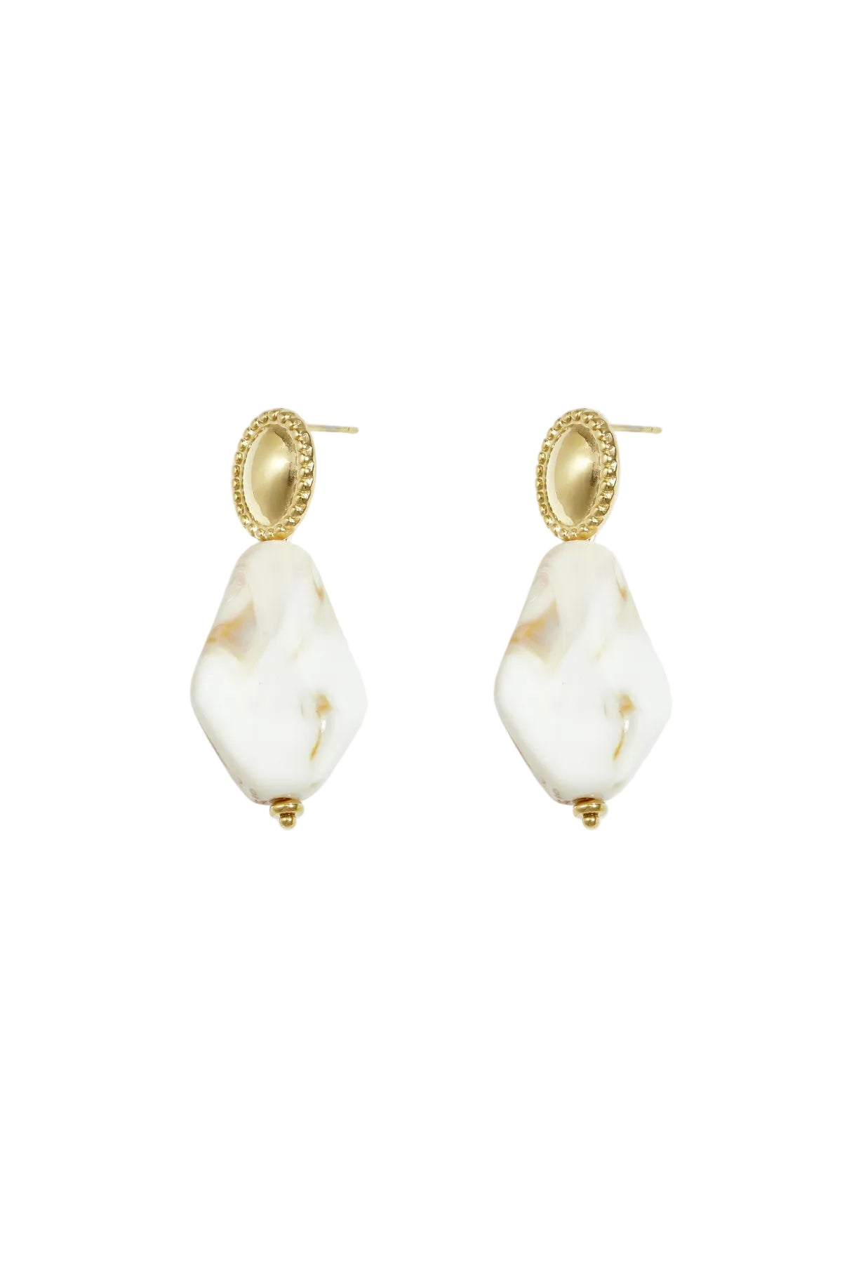 Pair of cream marbled acrylic drop earrings with gold-tone oval studs on a white background