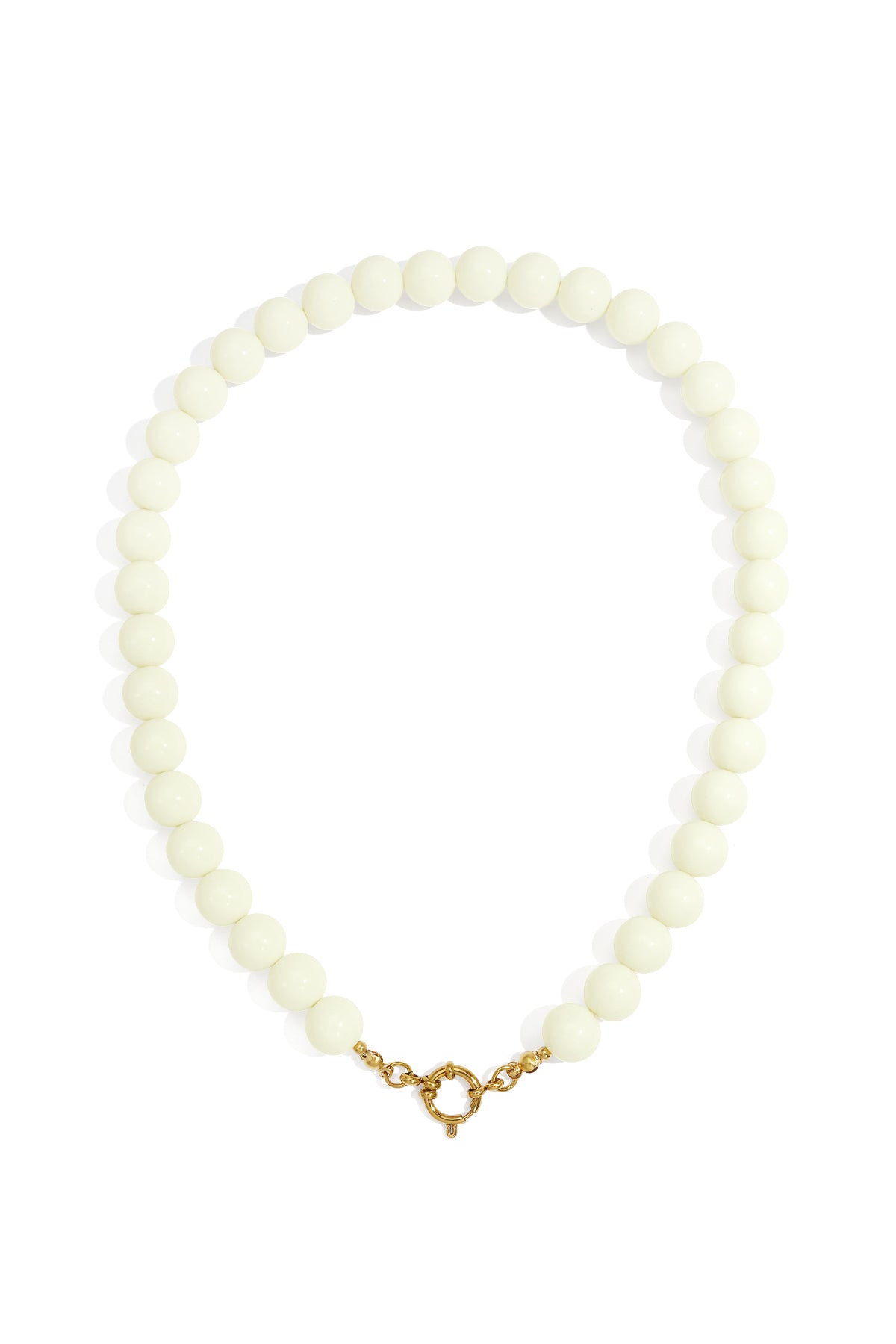 Cream-colored resin beaded necklace on a white background, featuring a round gold spring ring clasp.