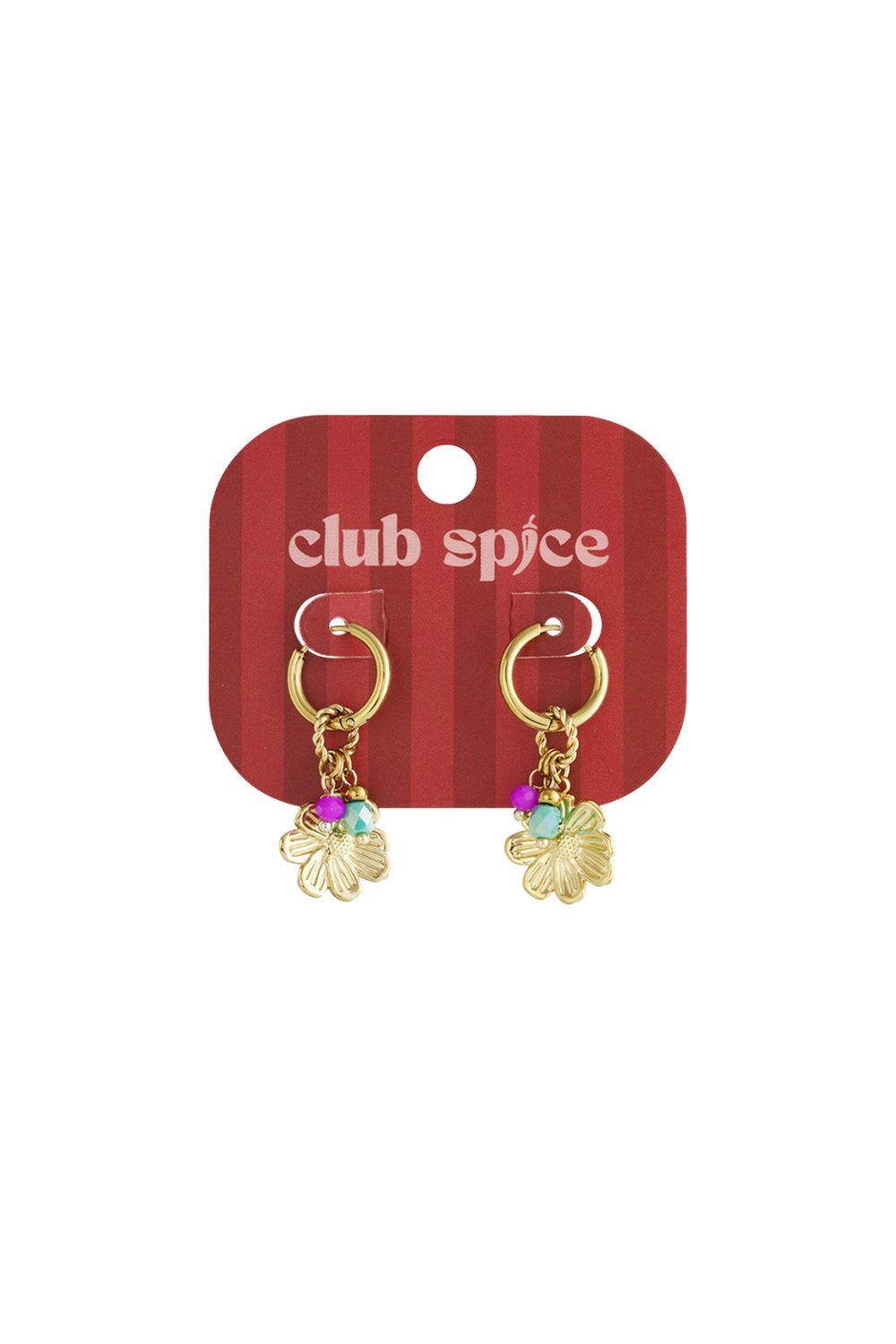 Gold hoop earrings with etched flower charms, accented with small pink and turquoise beads, on a striped display card.