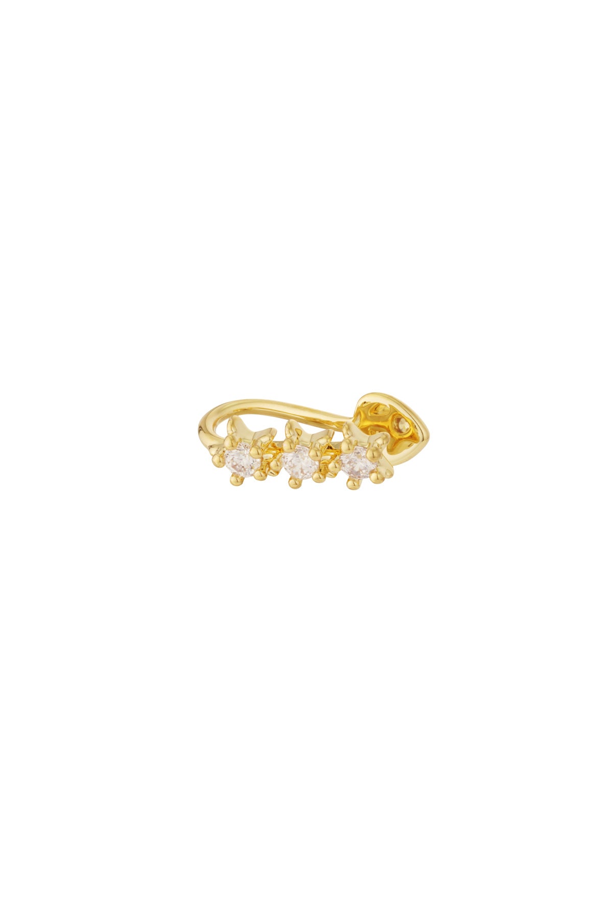 Close-up of gold starry ear and nose cuff with four sparkling zircon stones on plain white background