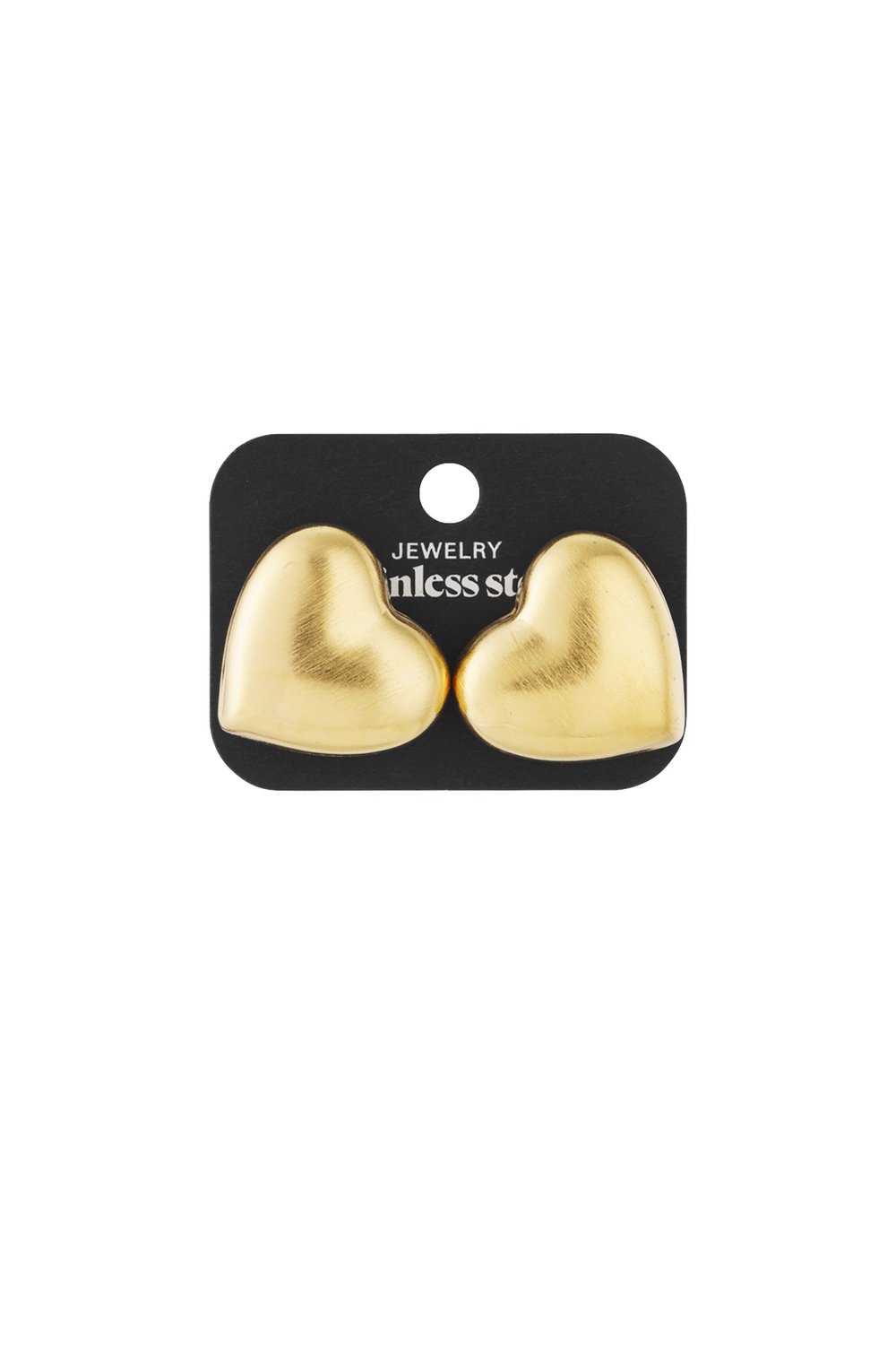 Softie Heart Stacks: A pair of puffy, matte gold heart-shaped stud earrings on a black display card.