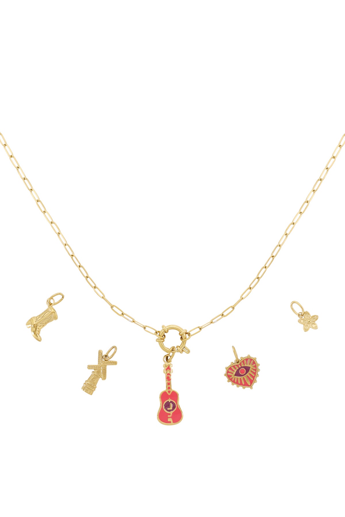 14K gold-plated chain necklace with multiple detachable charms including a pink enamel guitar, cowboy boot, windmill, heart with eye motif, and small flower charm
