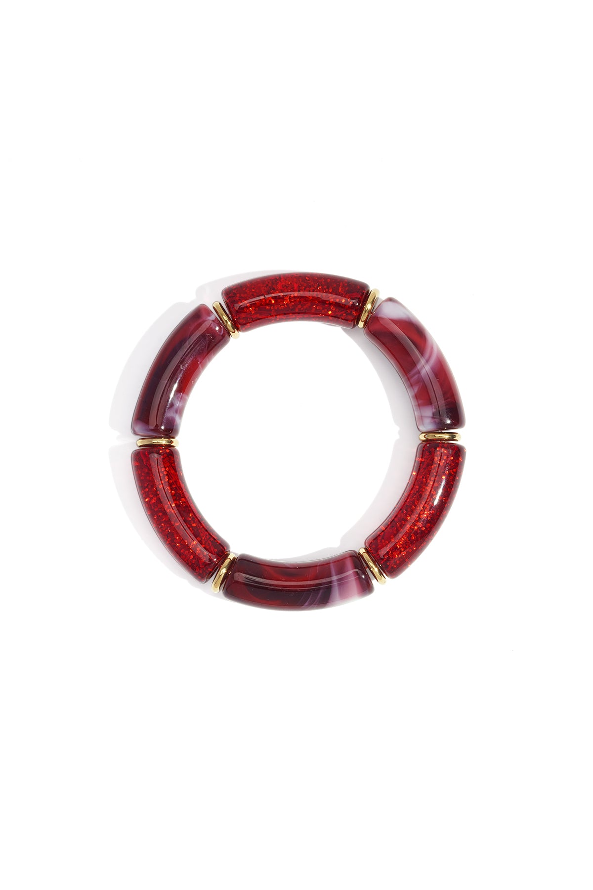Red glitter and marbled resin beaded stretch bracelet with gold-tone spacers on white background