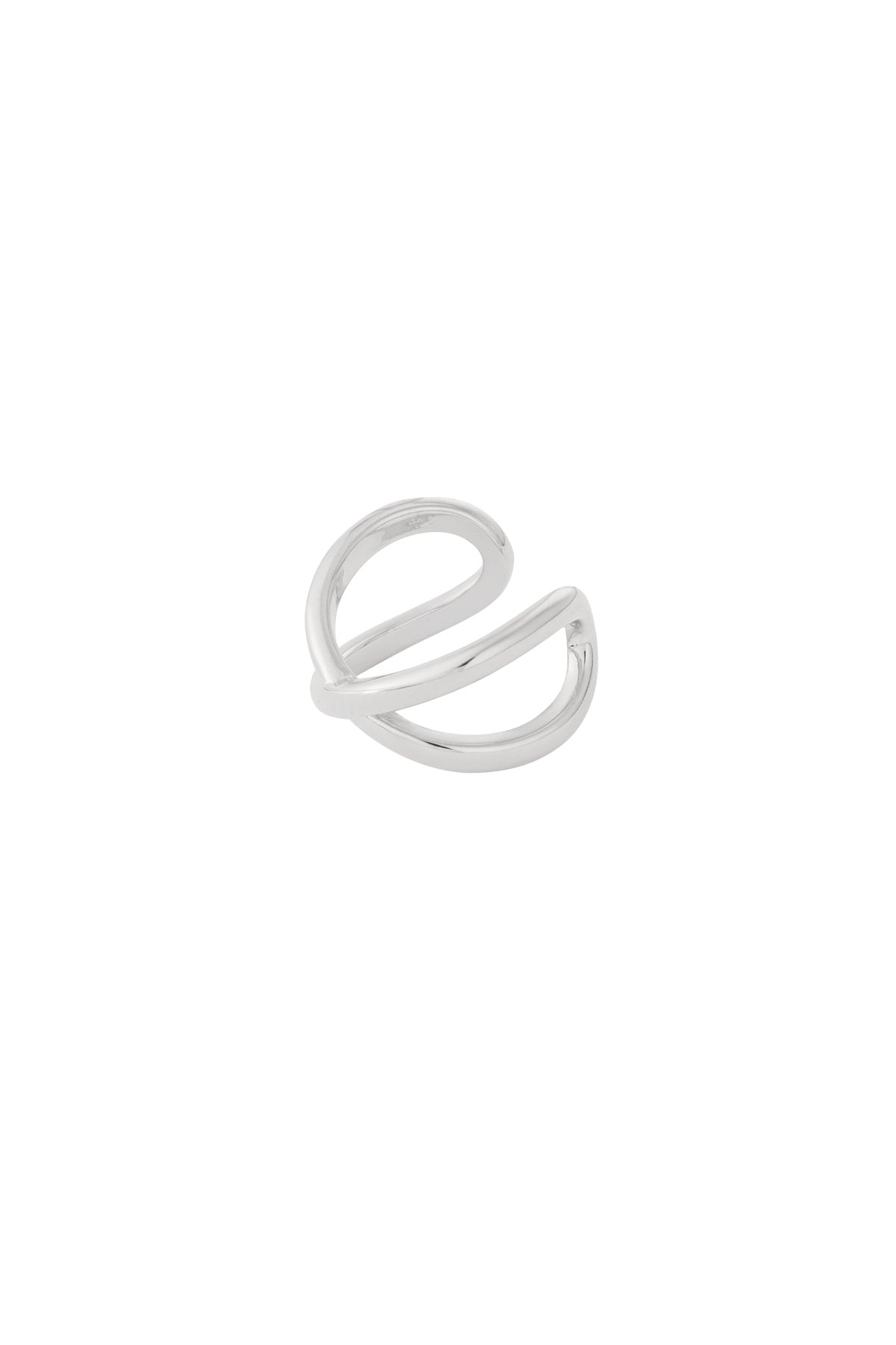 Shiny polished silver double loop ear cuff on white background