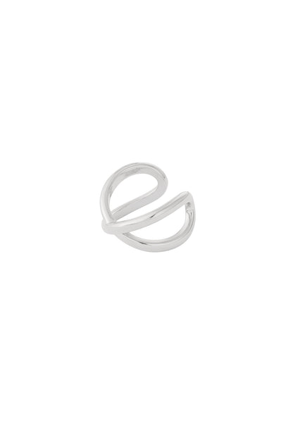 Shiny polished silver double loop ear cuff on white background