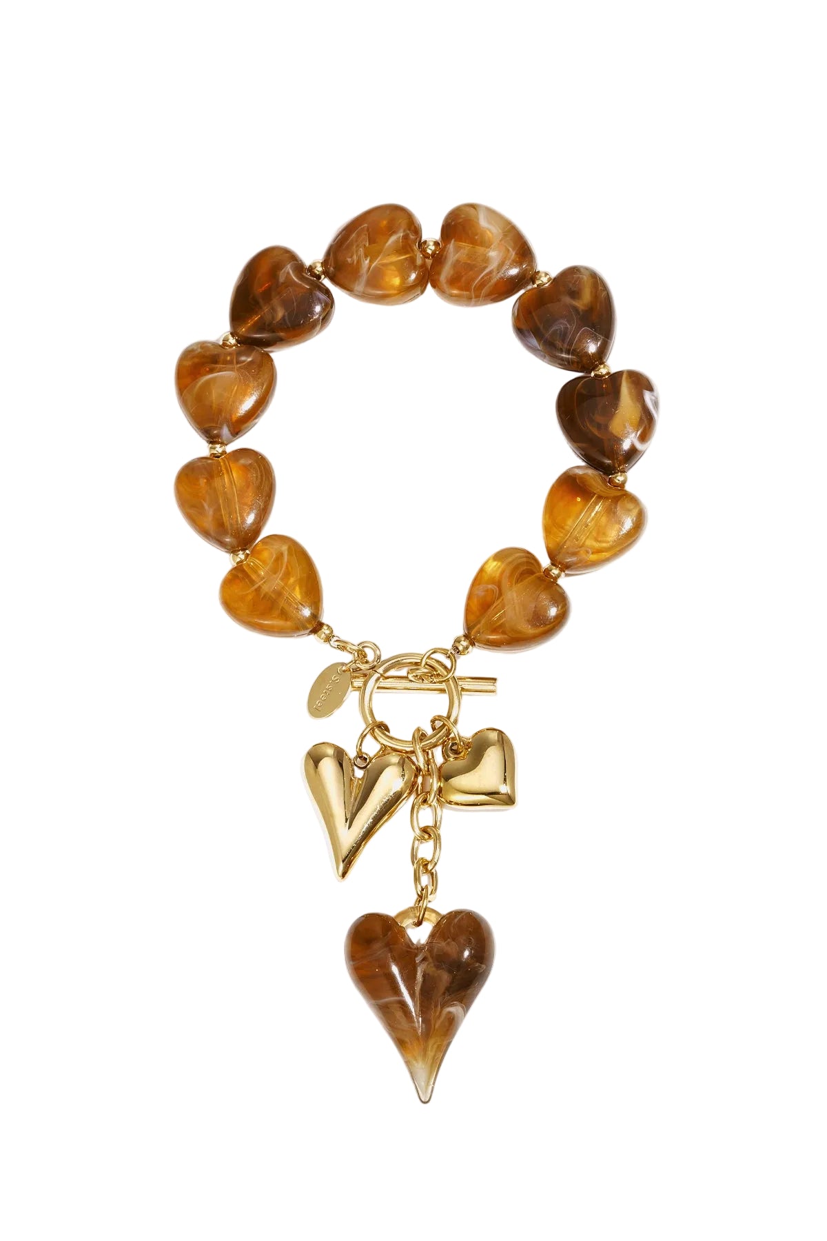 Close-up of warm amber brown marbled heart-shaped acrylic beaded bracelet with gold heart charms and toggle clasp on white background