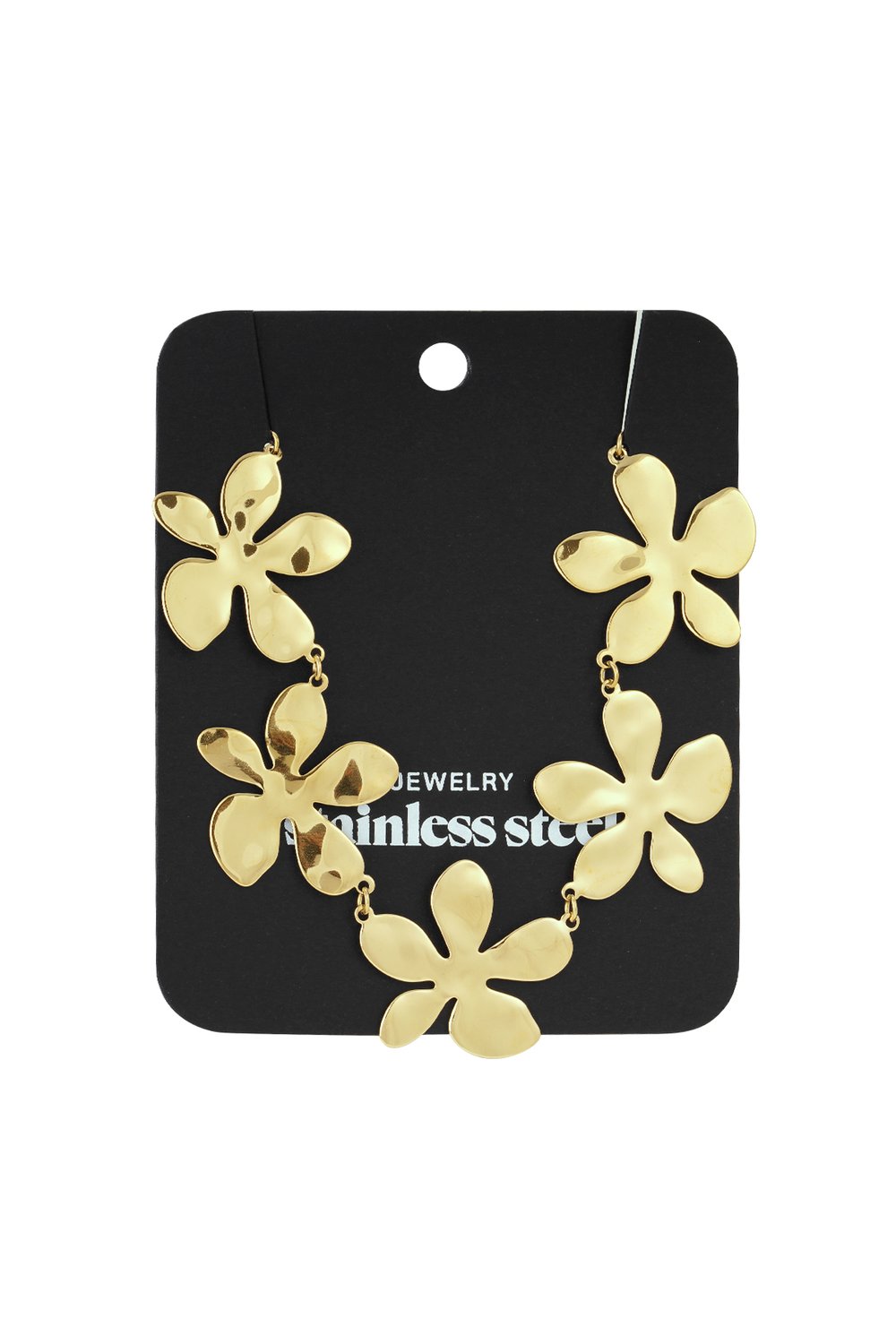 Golden Bloom Baby: Gold-tone stainless steel necklace featuring a linked chain of five abstract floral charms.