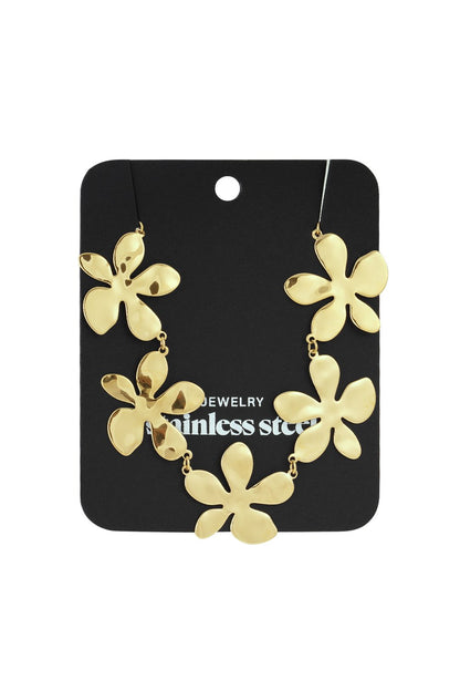 Golden Bloom Baby: Gold-tone stainless steel necklace featuring a linked chain of five abstract floral charms.