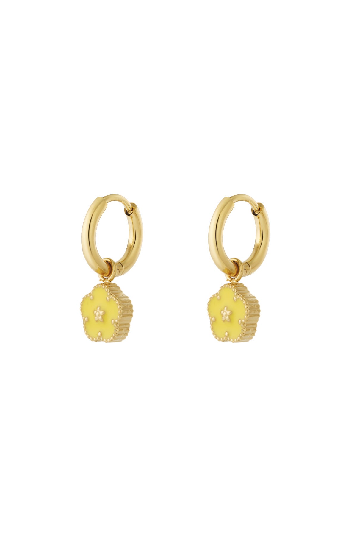 Gold-tone hoop earrings with yellow enamel flower charms on white background