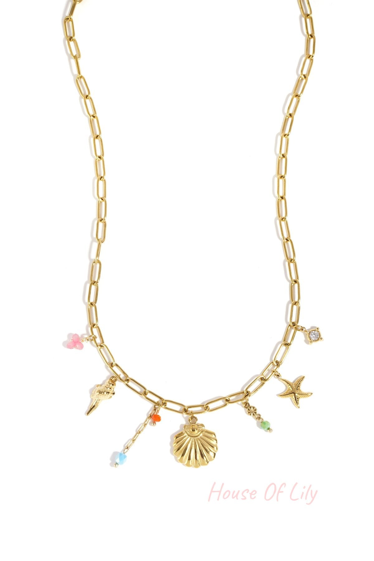 Gold-tone paperclip chain necklace with shell, starfish, and colorful ocean-themed charms arranged evenly.
