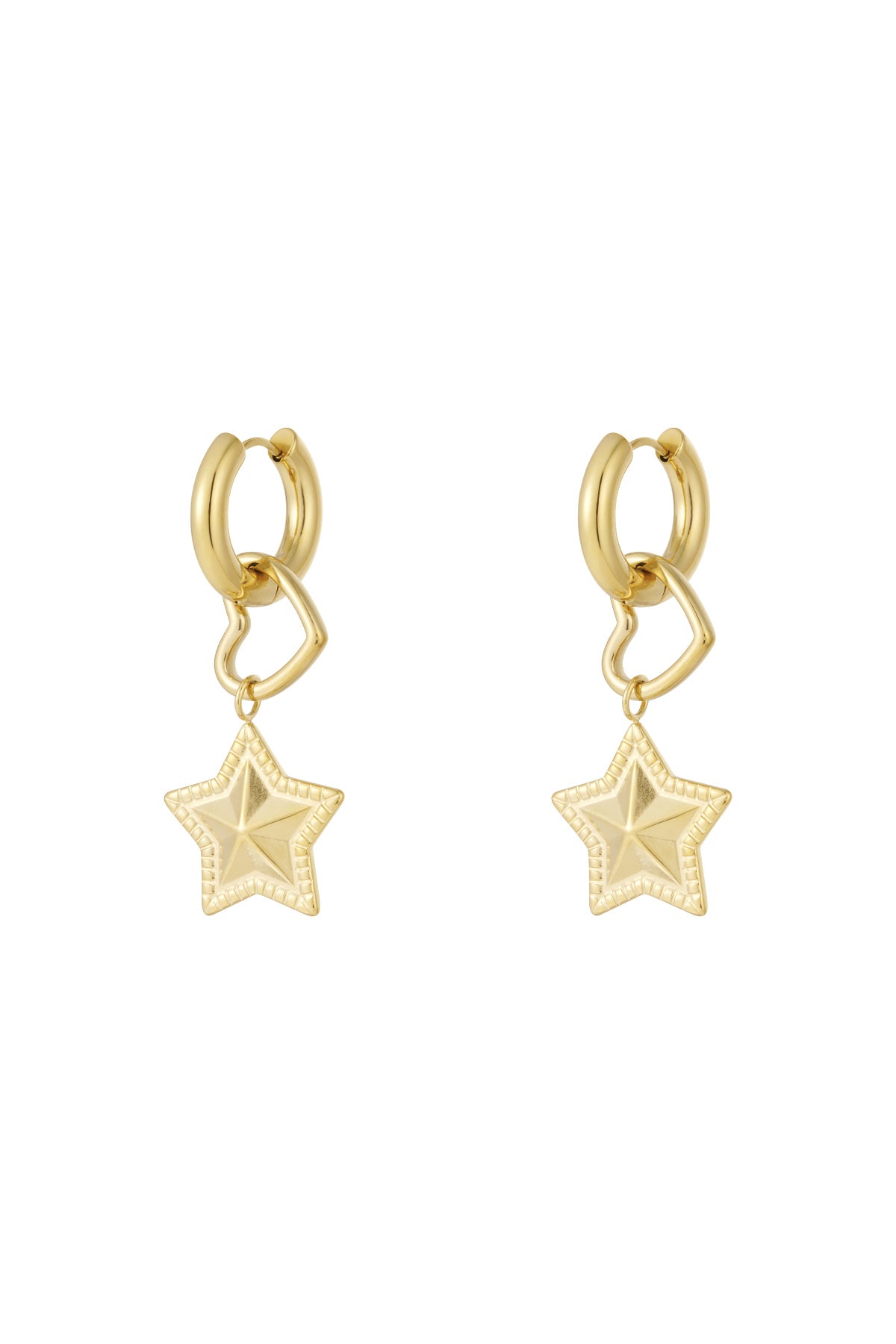 Pair of gold hoop earrings with dangling open heart and textured star charms on white background