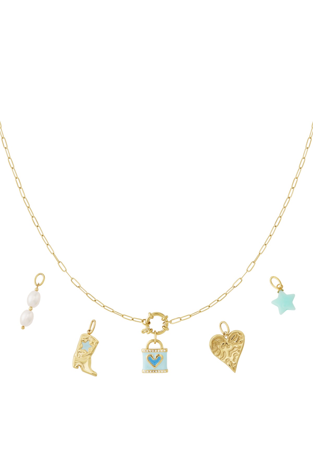 Gold chain necklace with five playful charms including pearl drops, cowboy boot, blue heart pendant, textured heart, and blue star on white background