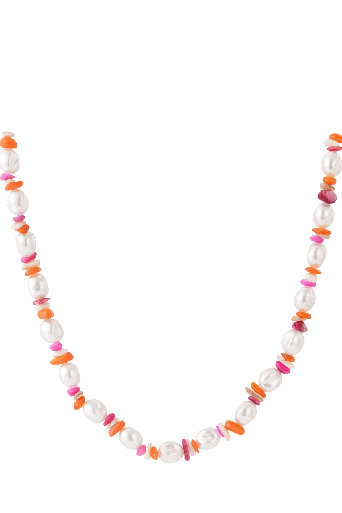 Close-up of colorful pearl and mixed pink orange bead necklace laid flat