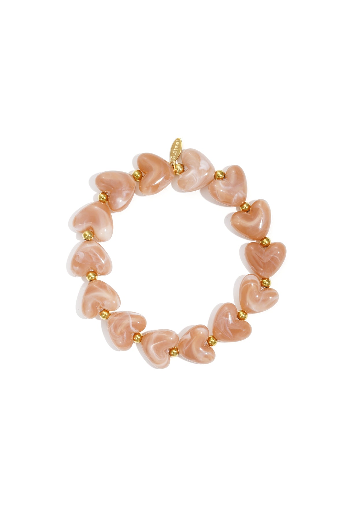 Bright orange marbled heart beaded stretch bracelet with gold accent beads on white background