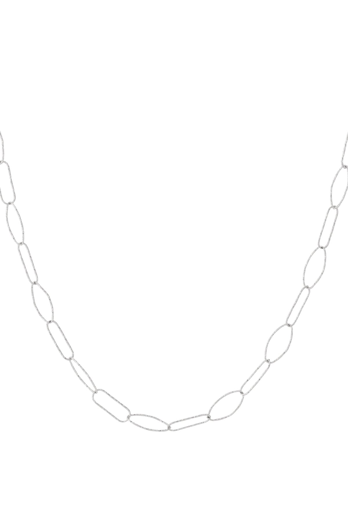 Close-up of silver textured paperclip chain necklace with elongated oval links on white background