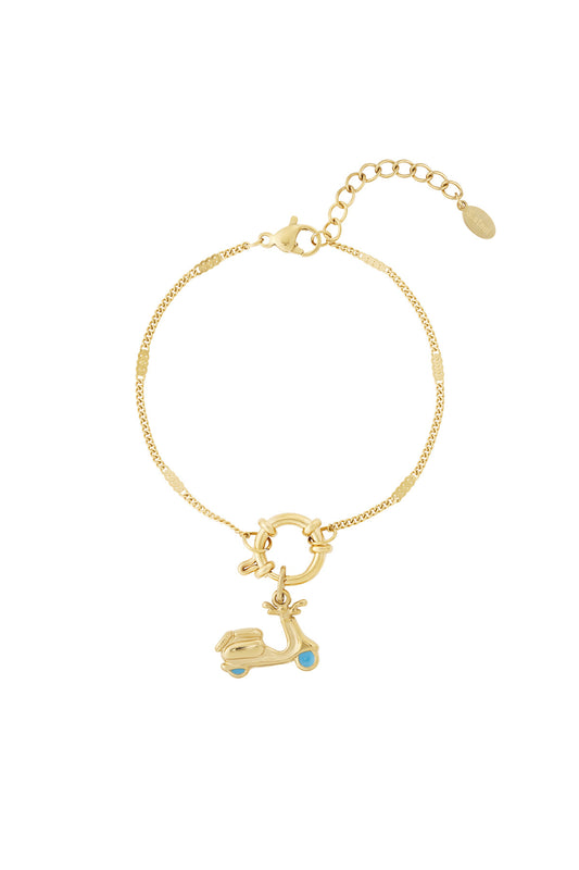 Gold charm bracelet with scooter charm and no additional charms displayed on white background