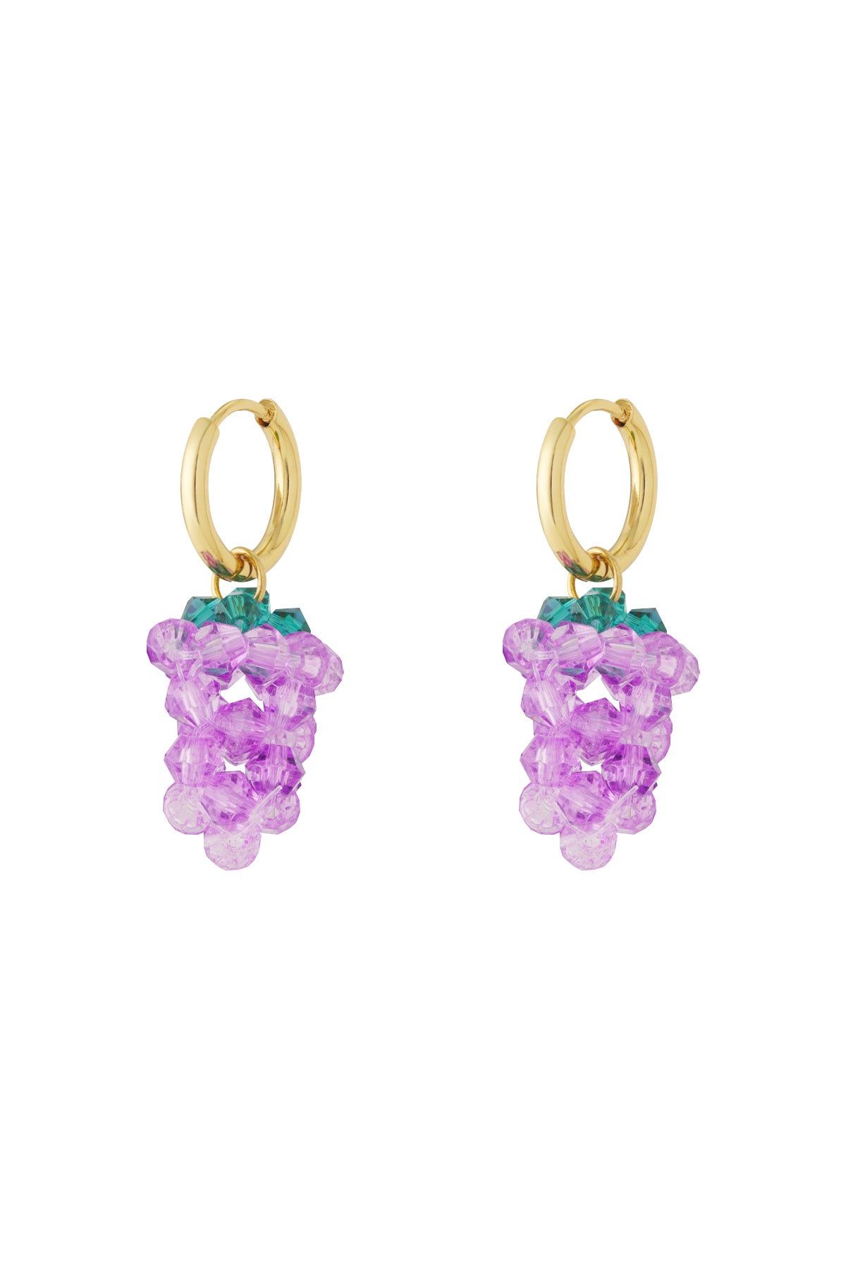 Close-up of gold hoop earrings with dangling purple grape-shaped bead clusters and green tops.