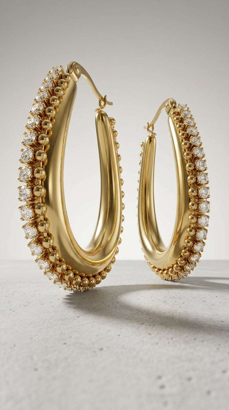 Drip Drop Glow gold hoop earrings featuring polished teardrop frames accented with sparkling pavé crystals and beads.