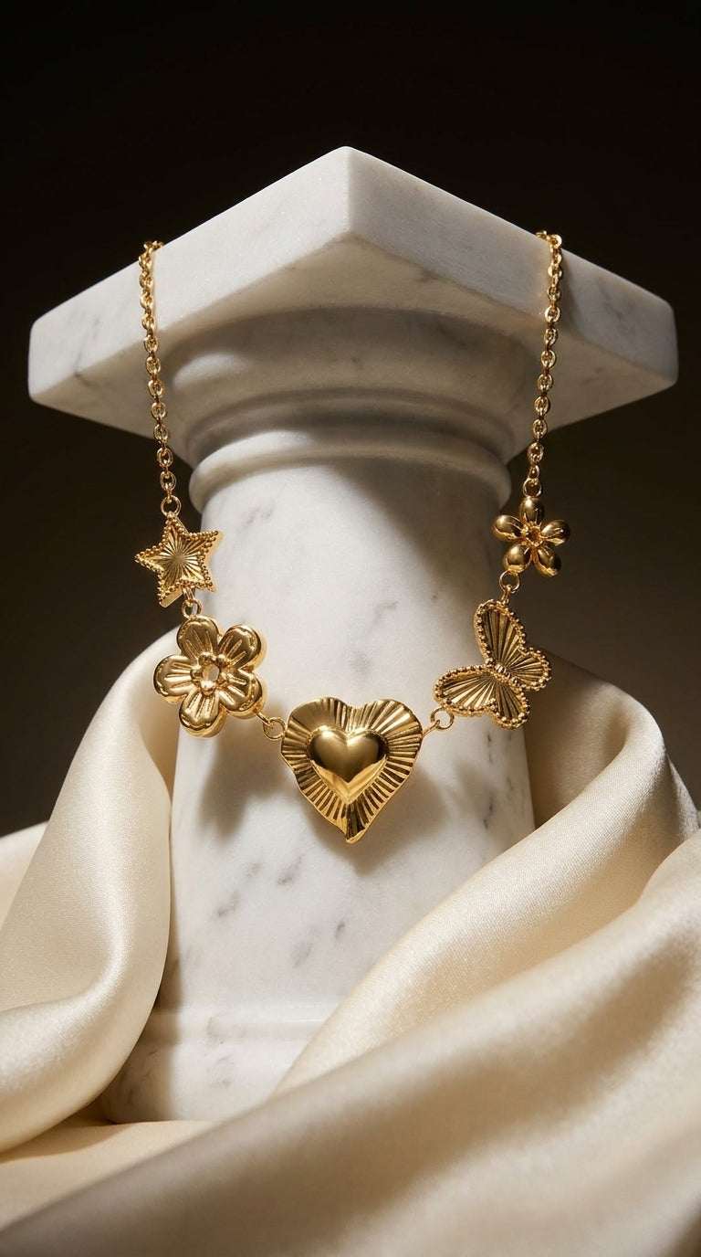 Gold chain necklace with charms of a star, flowers, heart, and butterfly draped over a white marble column.
