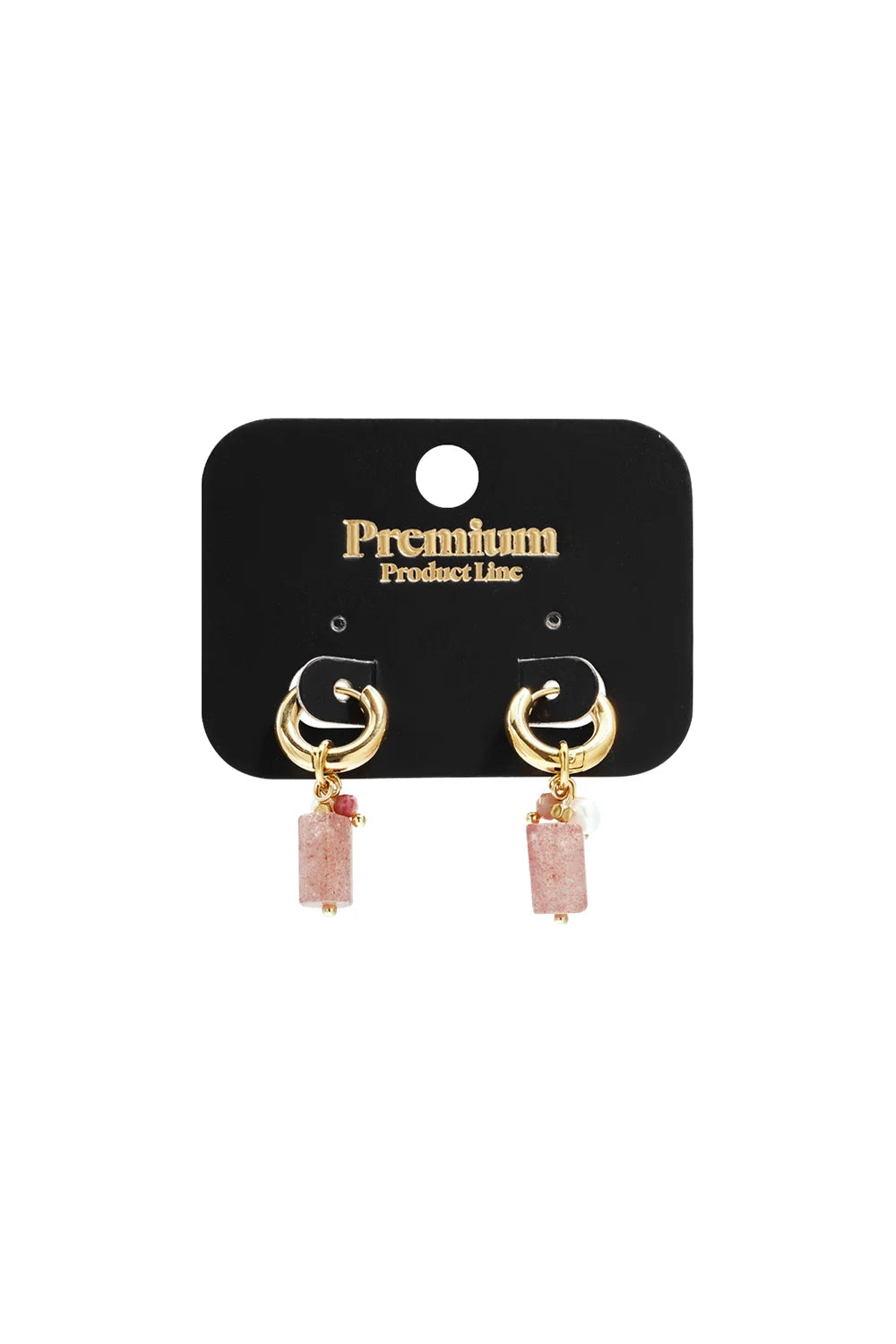 Gold hoop earrings featuring dangling rectangular pink stone beads and smaller accent charms on a black display card.