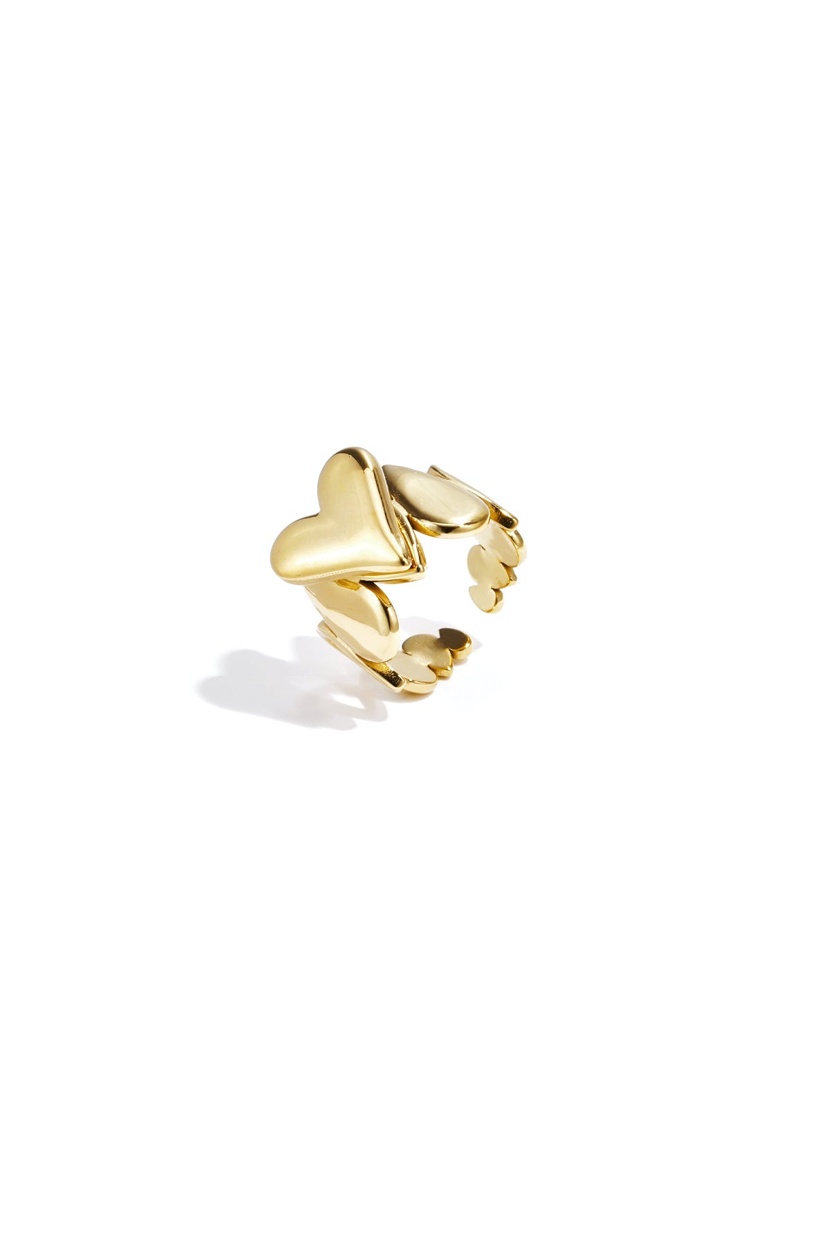 Gold statement ring featuring linked smooth heart shapes on an adjustable band.