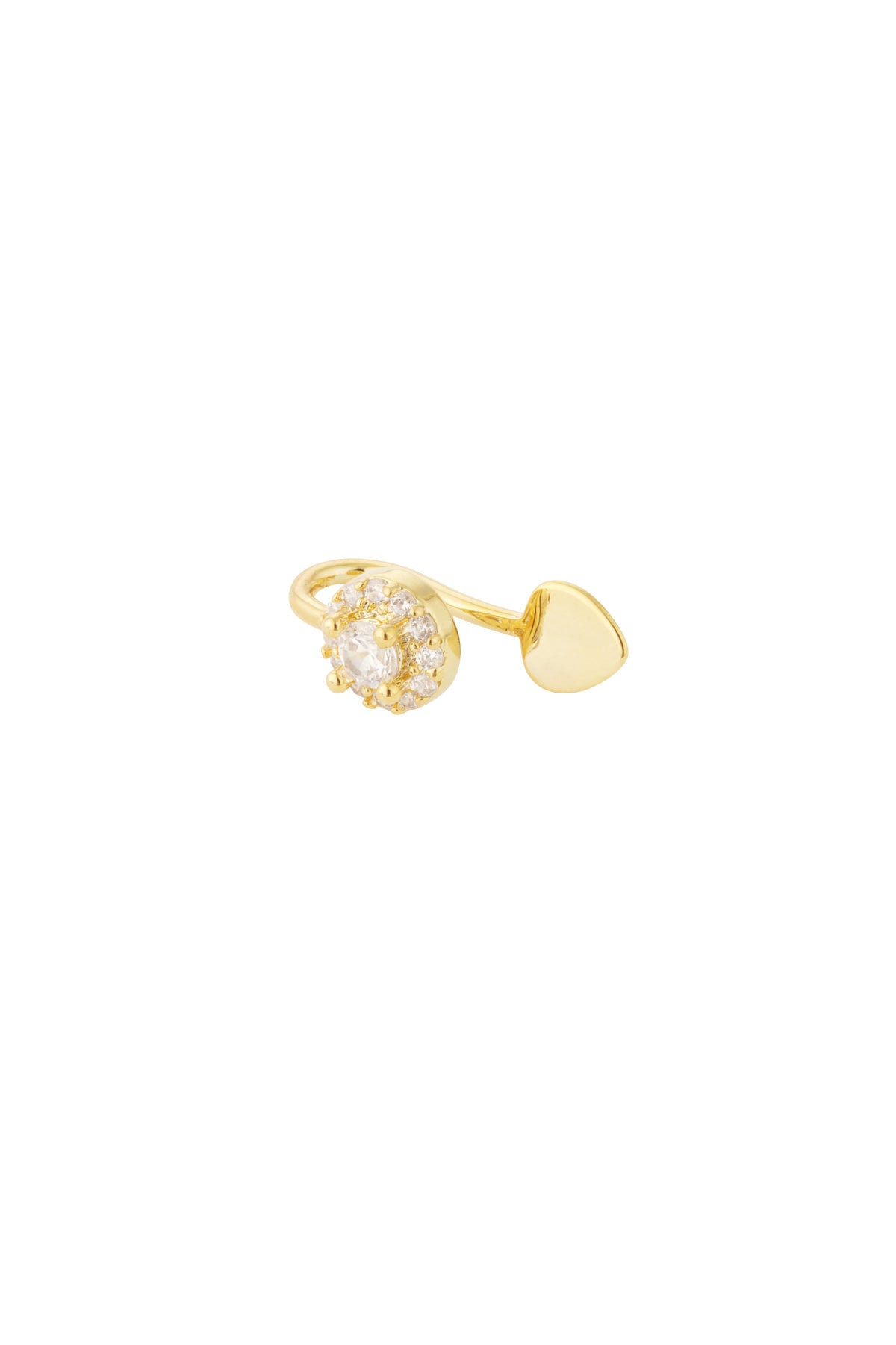 Gold ear and nose cuff featuring a heart and cubic zirconia-studded circle on a white background