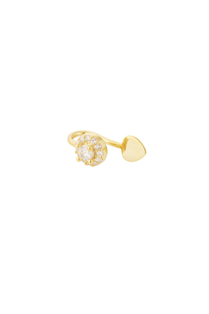 Gold ear and nose cuff featuring a heart and cubic zirconia-studded circle on a white background