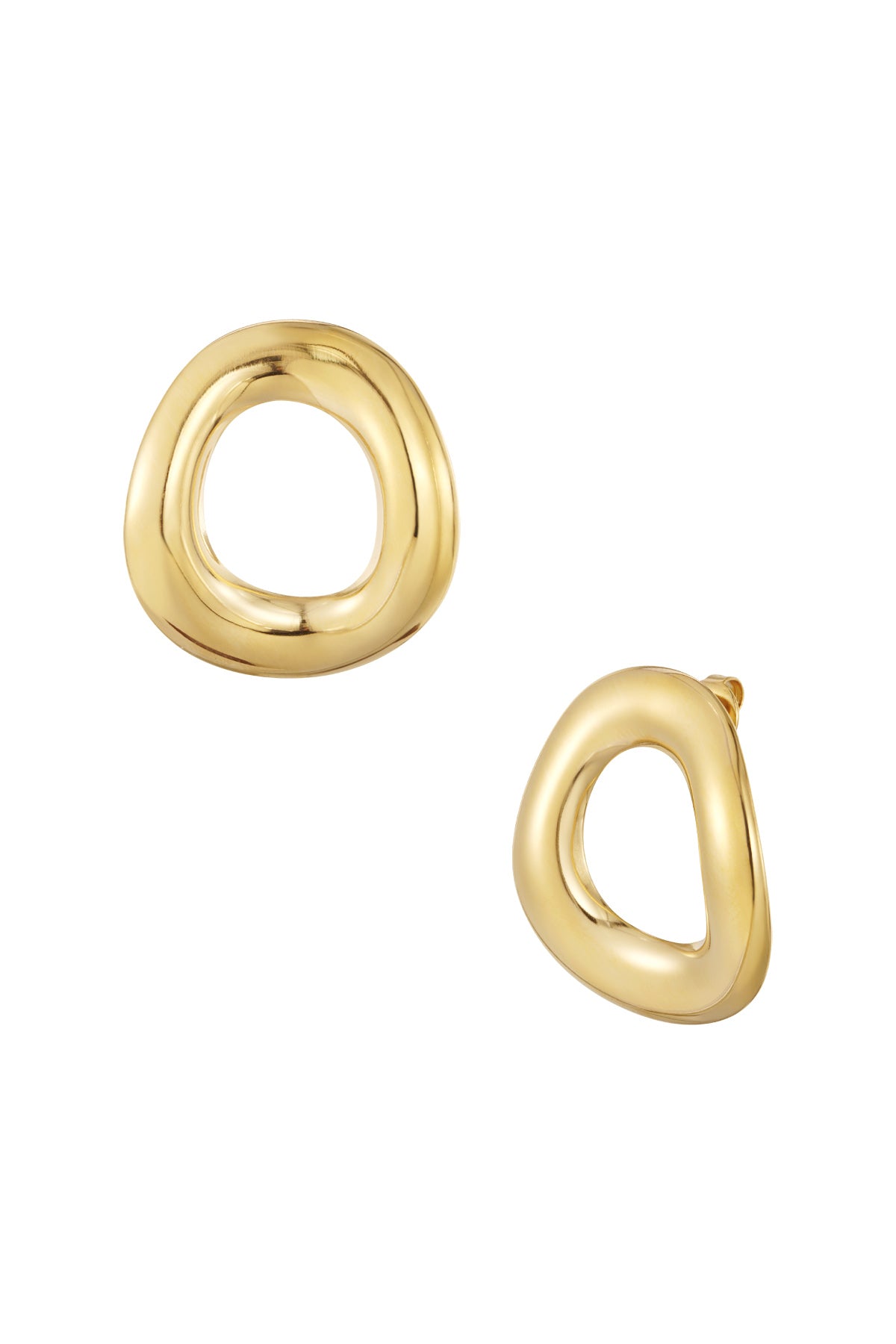 Pair of polished gold irregular organic hoop stud earrings with soft rounded edges