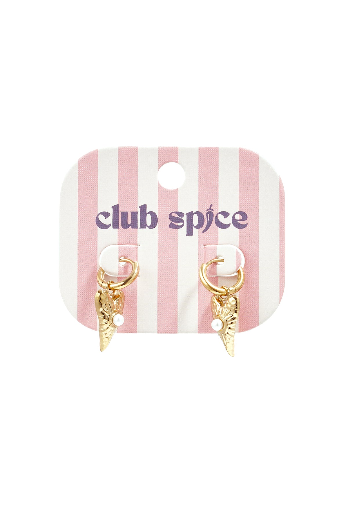 Gold heart-shaped drop earrings with pearl displayed on pink and white striped Club Spice card