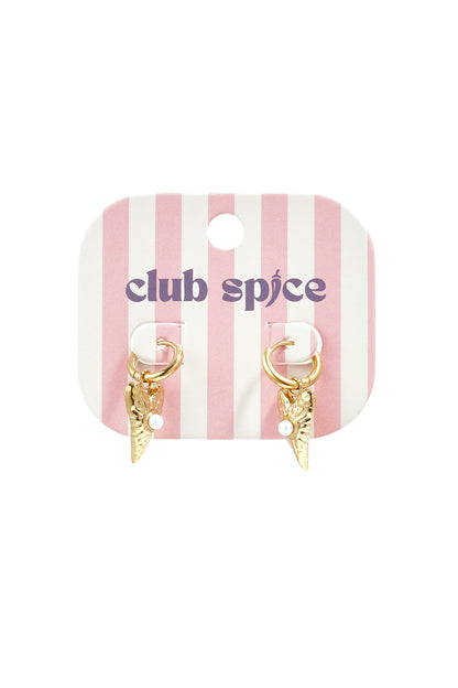 Gold heart-shaped drop earrings with pearl displayed on pink and white striped Club Spice card