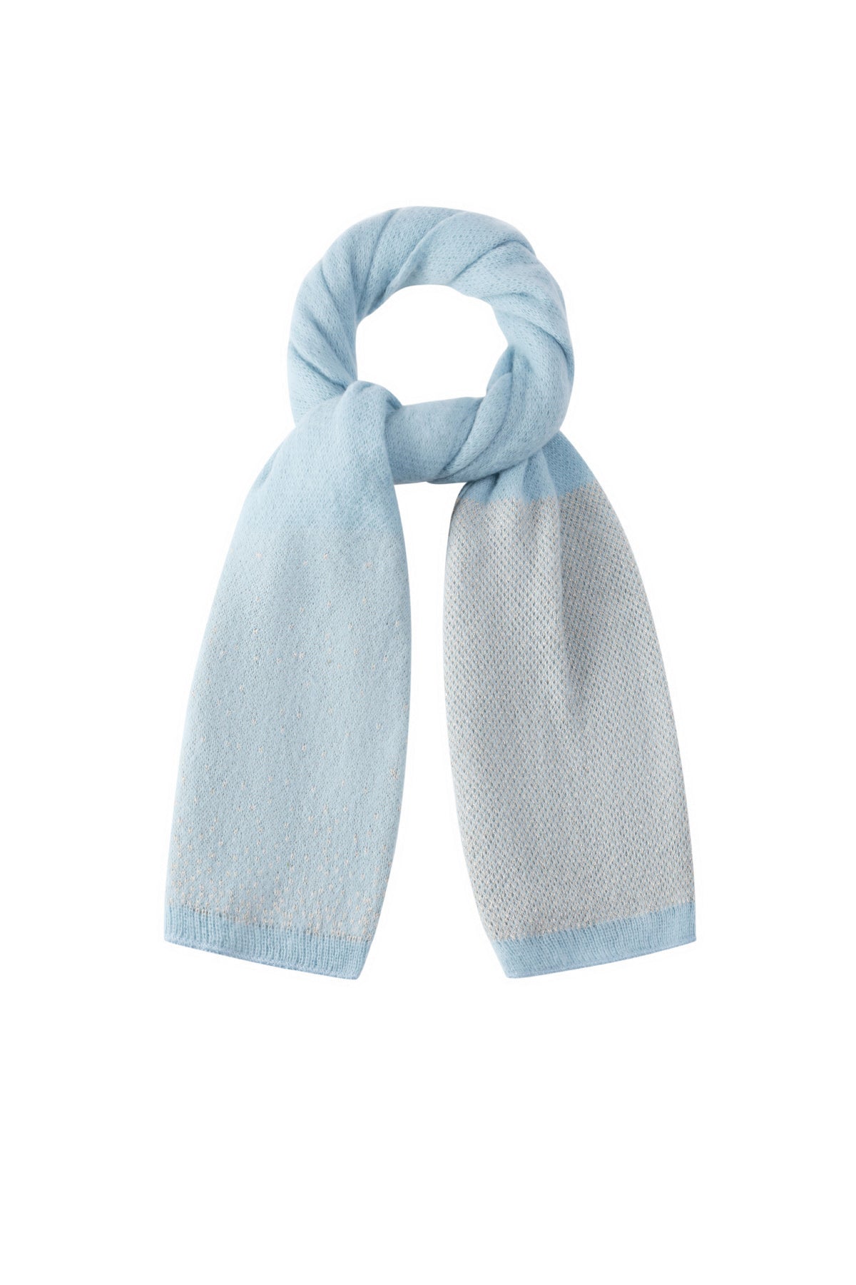 Light blue knit winter scarf with colorblock design and sprinkled sparkle details, neatly looped
