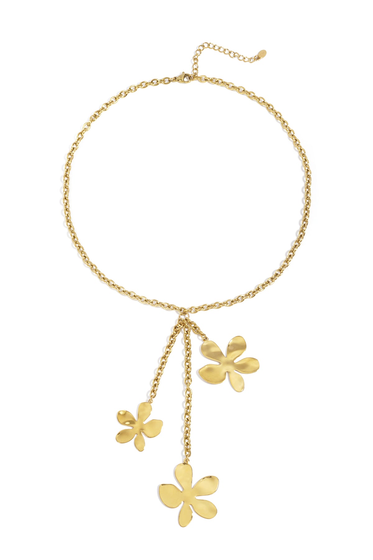 Gold flower pendant necklace with three dangling uneven floral charms on a polished chain