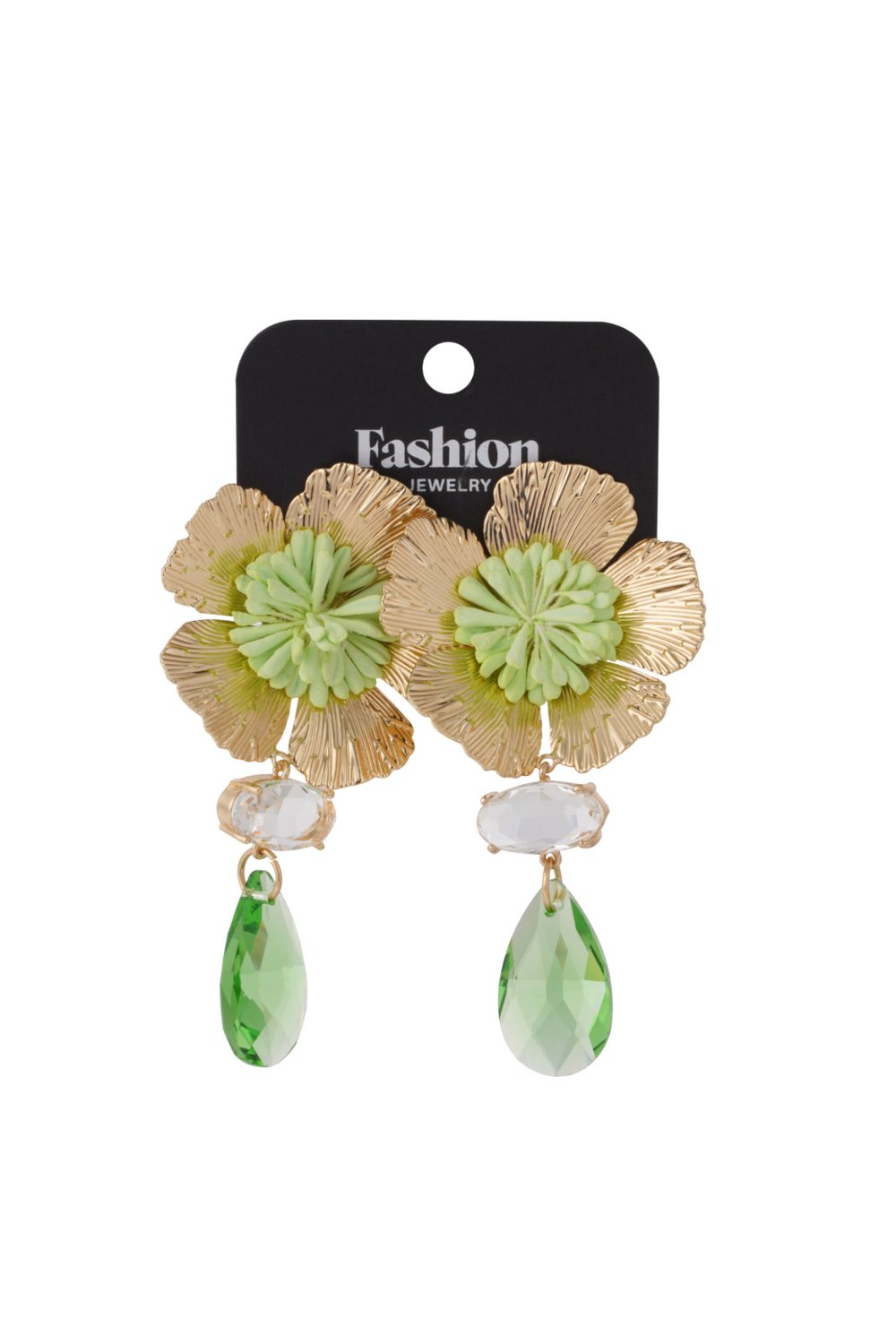 Floral Slay drop earrings featuring gold flower petals, a mint center, clear crystal studs, and green teardrop dangles.