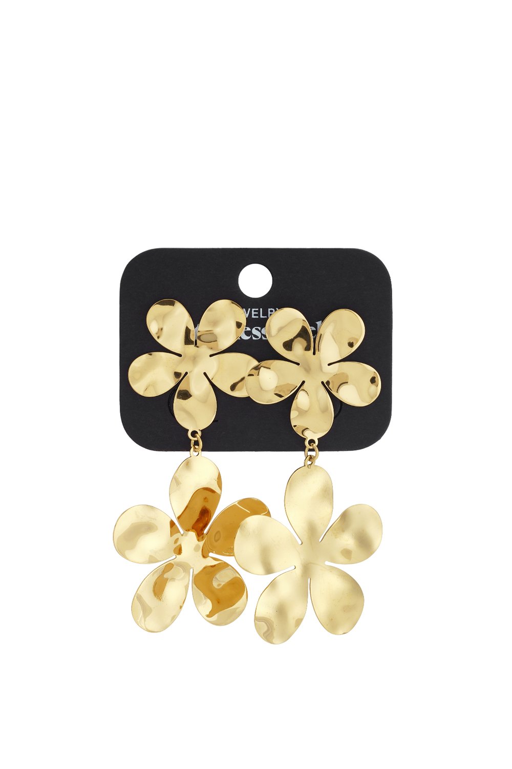 Maximalist Bloom Drops: Gold-tone, dangling flower-shaped earrings with a textured, reflective finish on a display card.