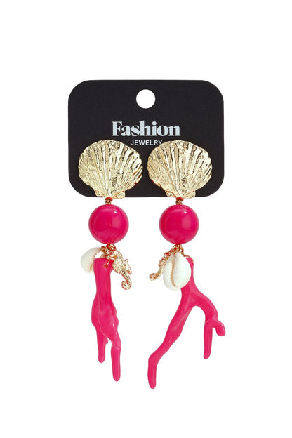 Dangle earrings with gold shell studs, bright pink beads, and dangling pink coral and white cowrie shell charms.