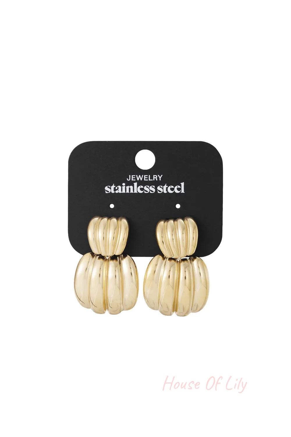 Chunky gold stainless steel ribbed stud earrings with a stacked pumpkin-like shape on a black jewelry display card.