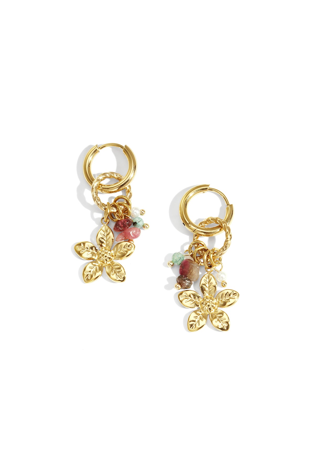 Pair of gold floral drop earrings with twisted hoop and colorful bead charms on white background