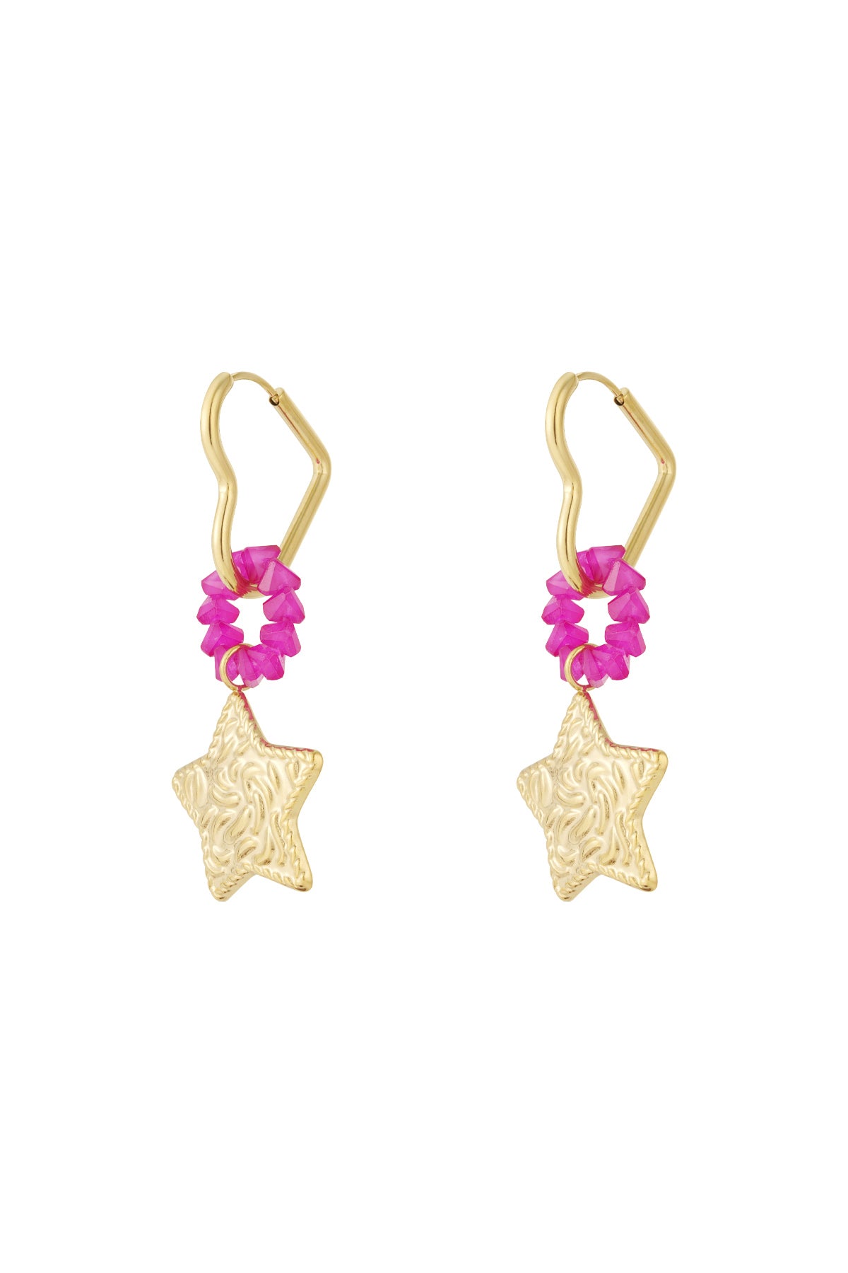 Pair of gold star drop earrings with textured star charms and bright pink beaded rings on unique gold hoops, isolated on white background