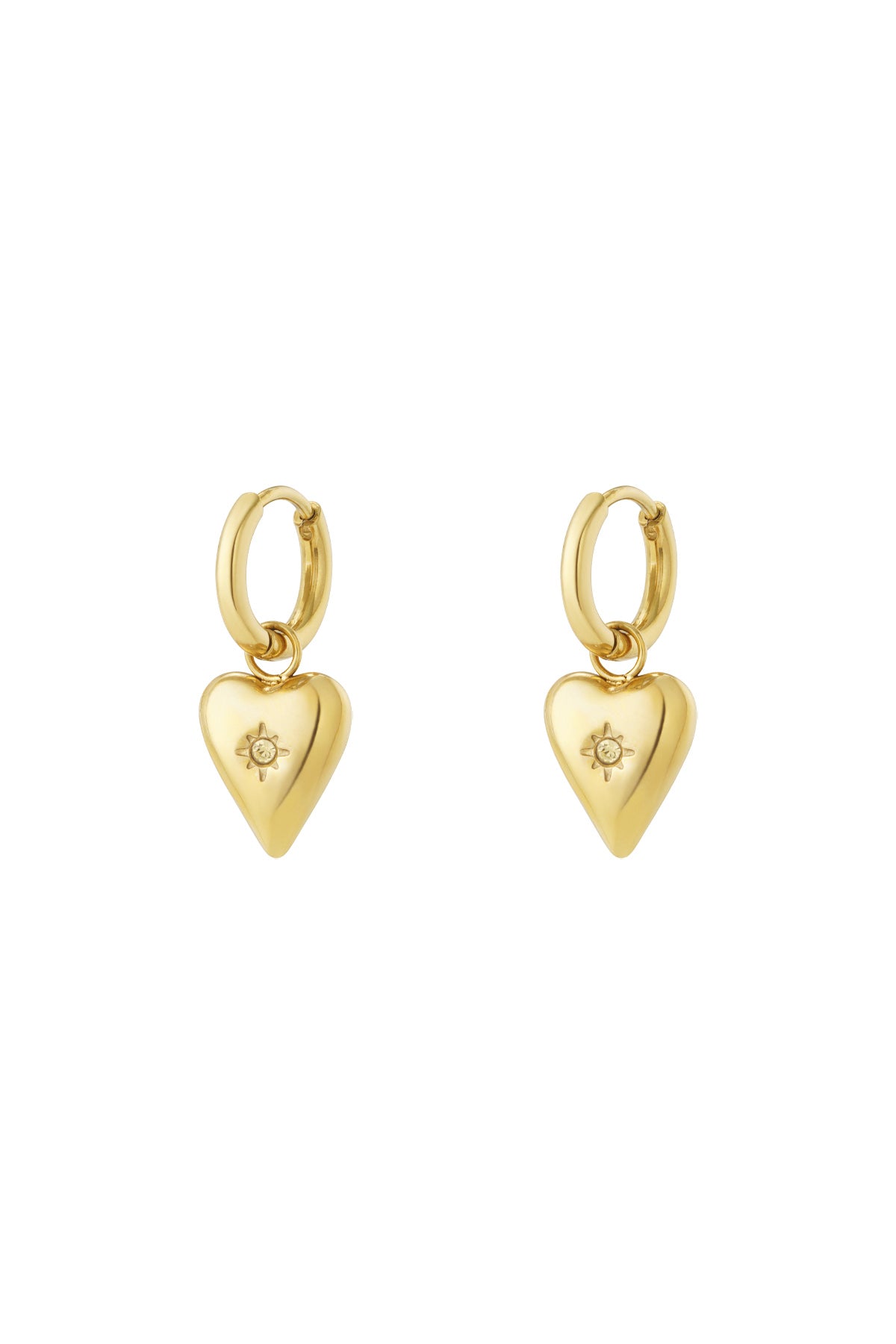 Gold-plated heart charm earrings with violet purple birthstone centre on hoop backings