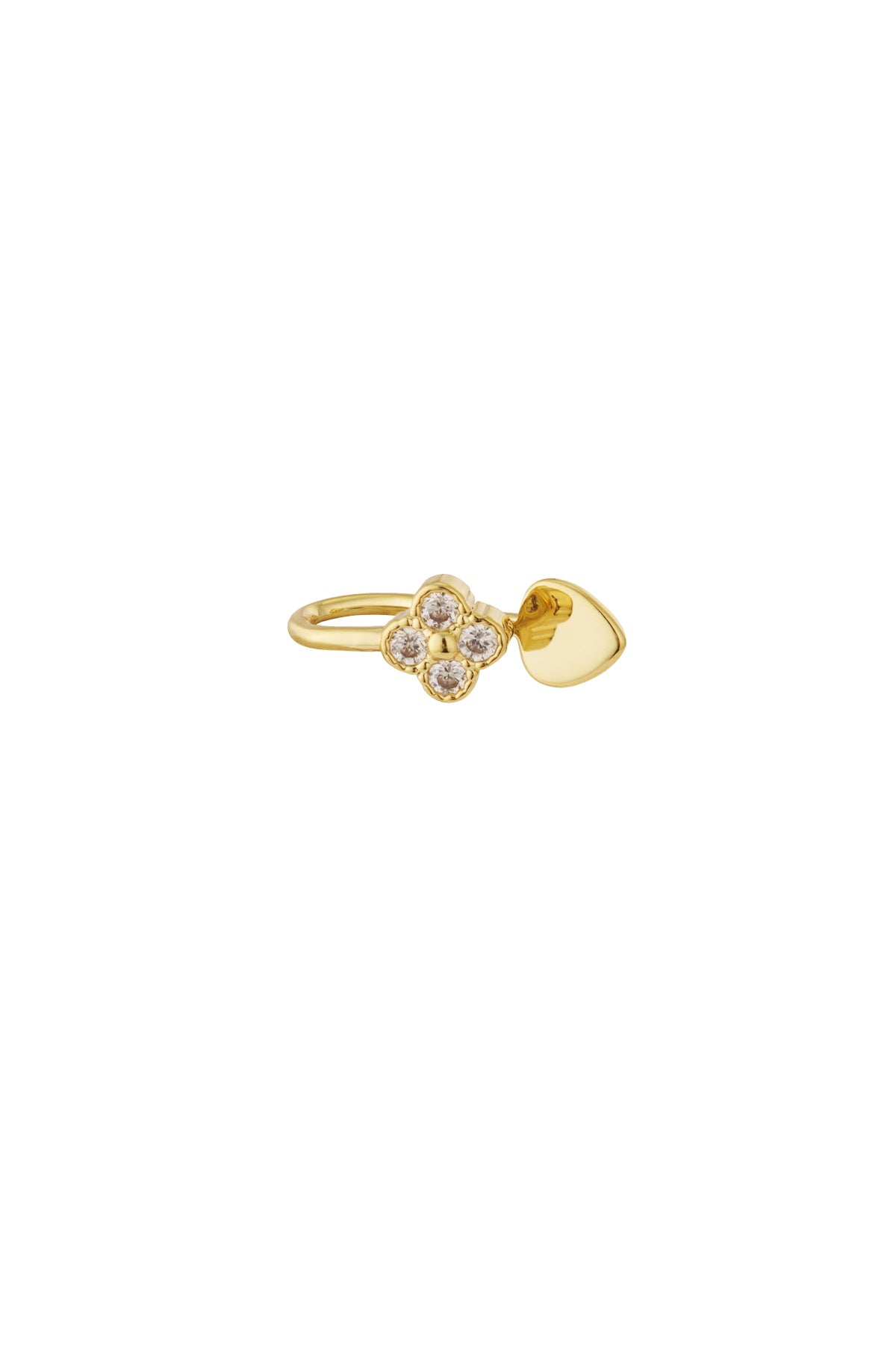 Gold tone nose cuff with zircon clover cluster and smooth heart accent isolated on white background